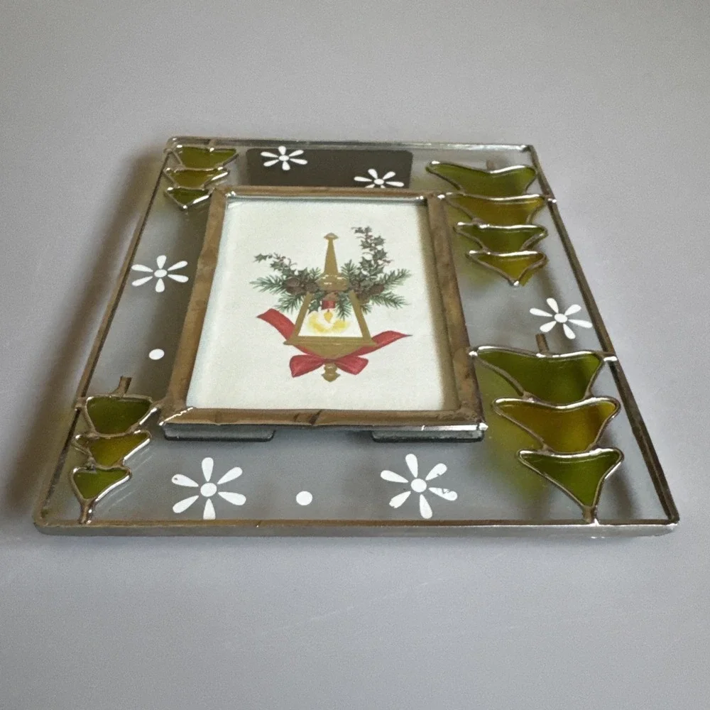 Vintage Stained Glass Christmas Tree & Snowflake 2.5x3.5 Photo Frame Metal Trim